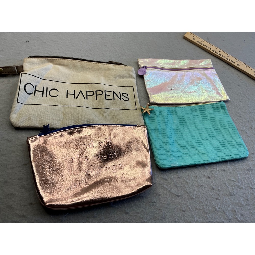 Ipsy Other Brand Makeup Bag Lot 4pc Metallic Canvas Iridescent‎ Pouch Rose Gold